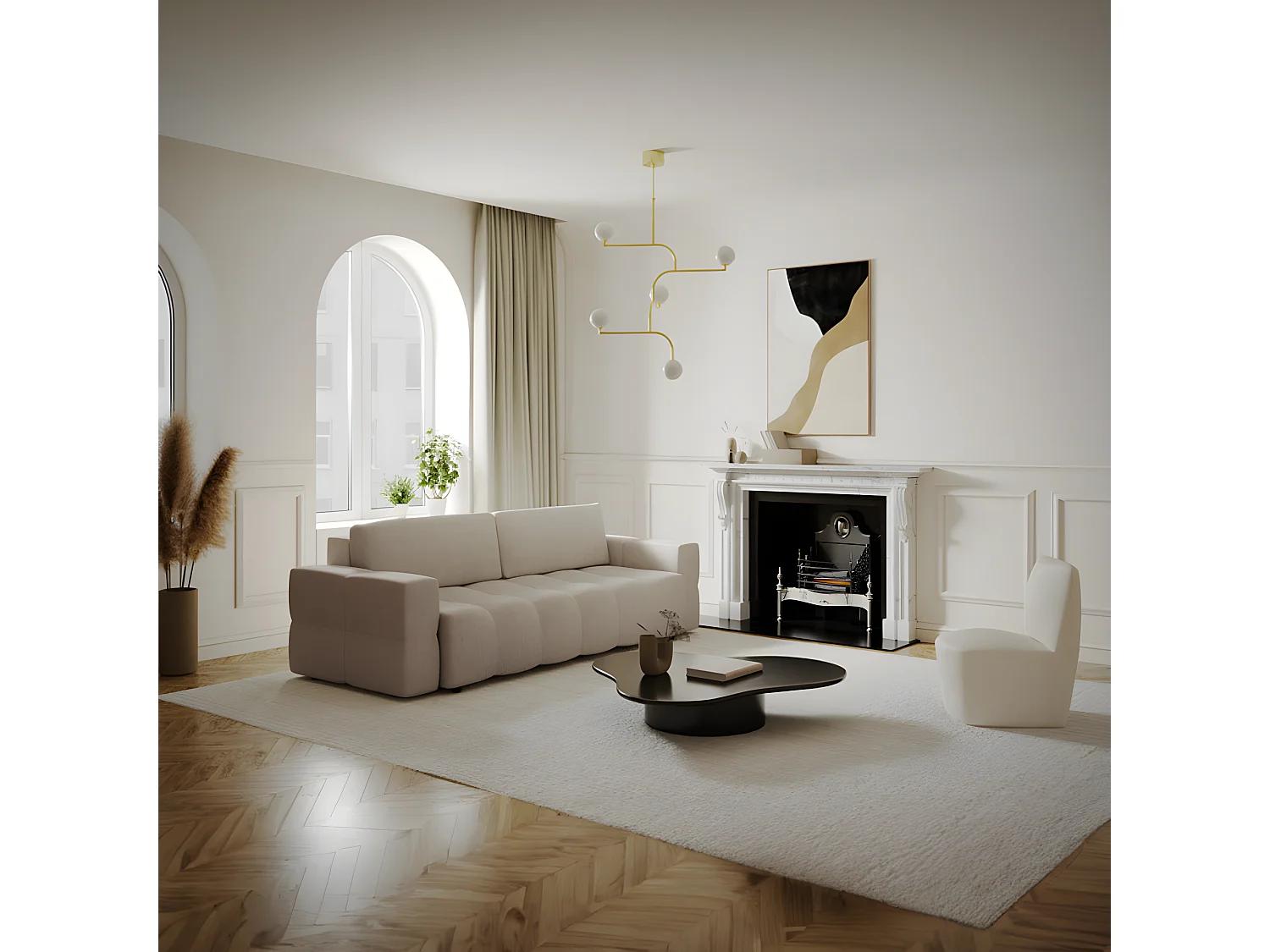 Canapé 4 places convertible coffre noyer bouclette beige GABRIEL