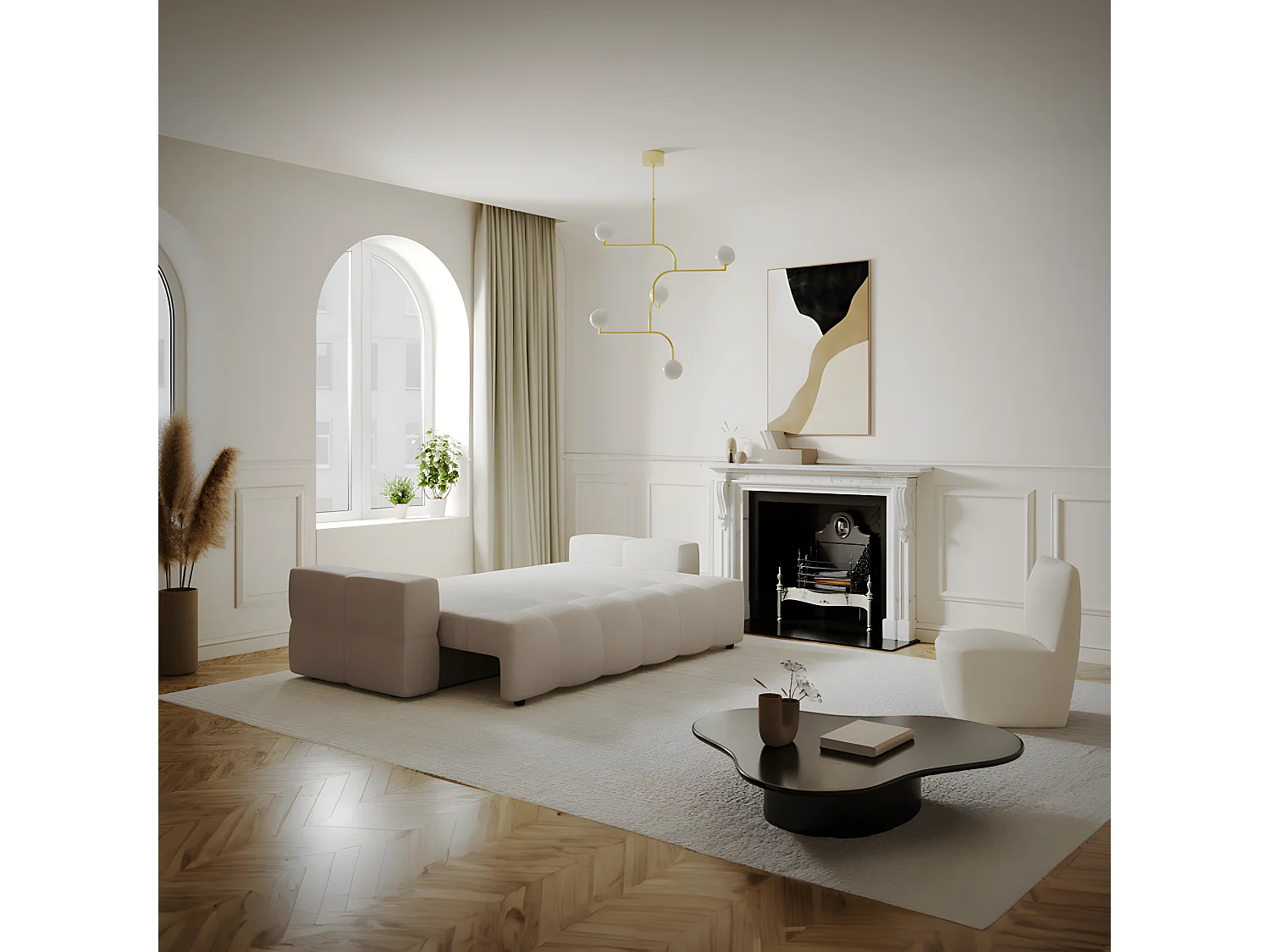 Canapé 4 places convertible coffre noyer bouclette beige GABRIEL