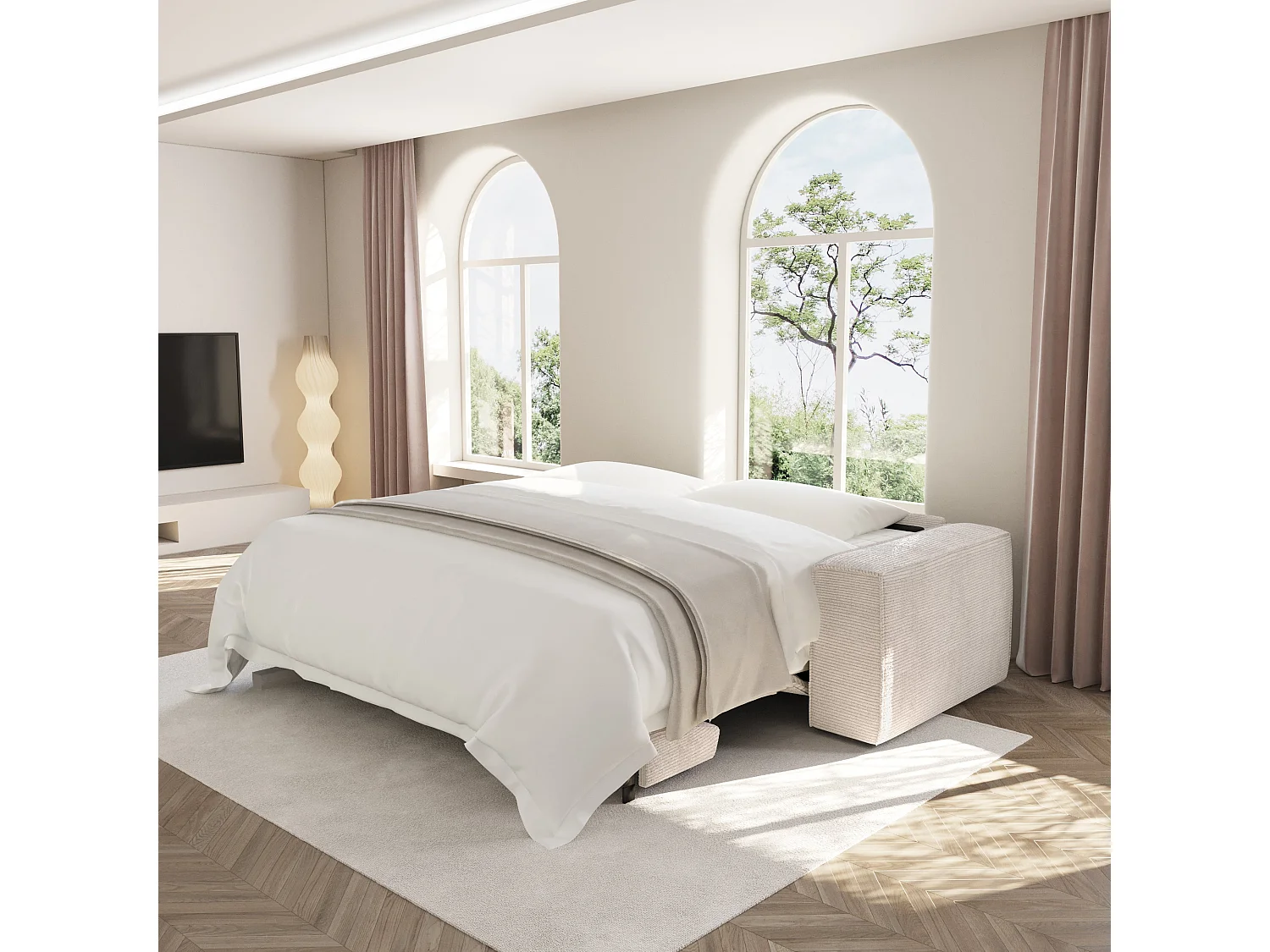 Canapé convertible express dunlopillo velours côtelé crème 140cm JOAN