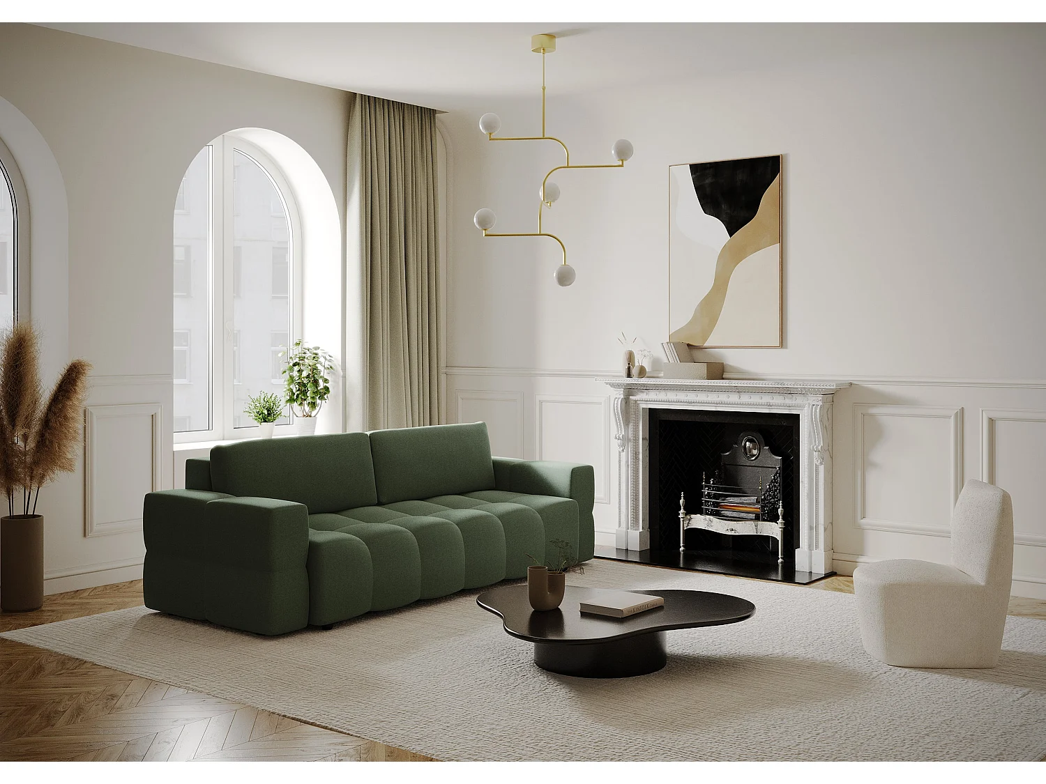 Canapé 4 places convertible coffre noyer tissu tramé vert olive GABRIEL