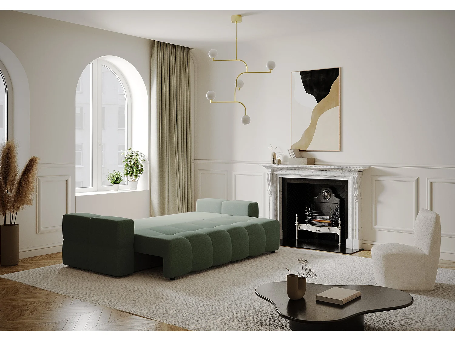 Canapé 4 places convertible coffre noyer tissu tramé vert olive GABRIEL