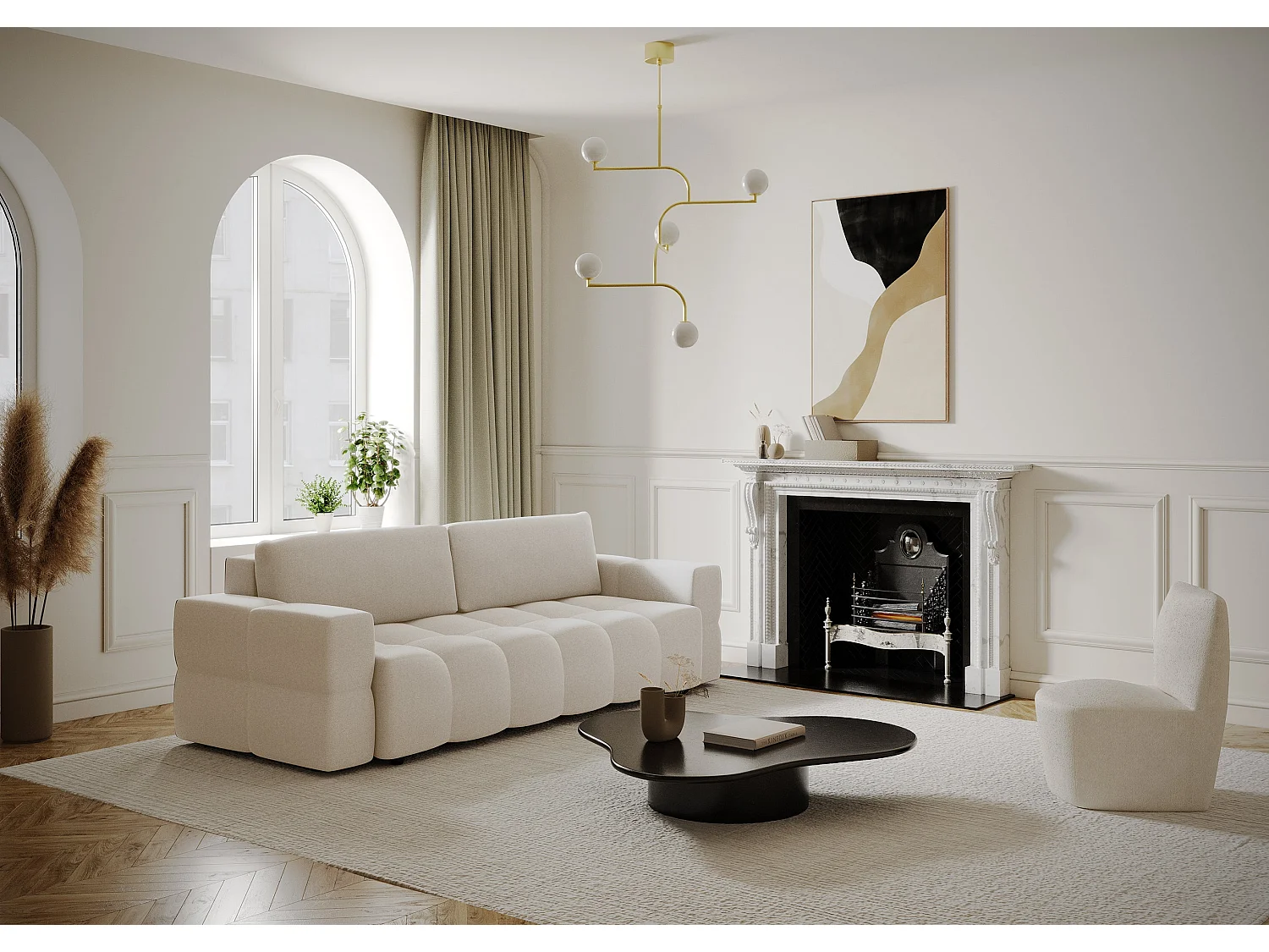 Canapé 4 places convertible coffre noyer tissu tramé crème GABRIEL