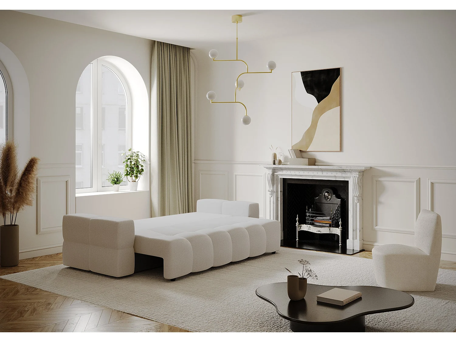 Canapé 4 places convertible coffre noyer tissu tramé crème GABRIEL