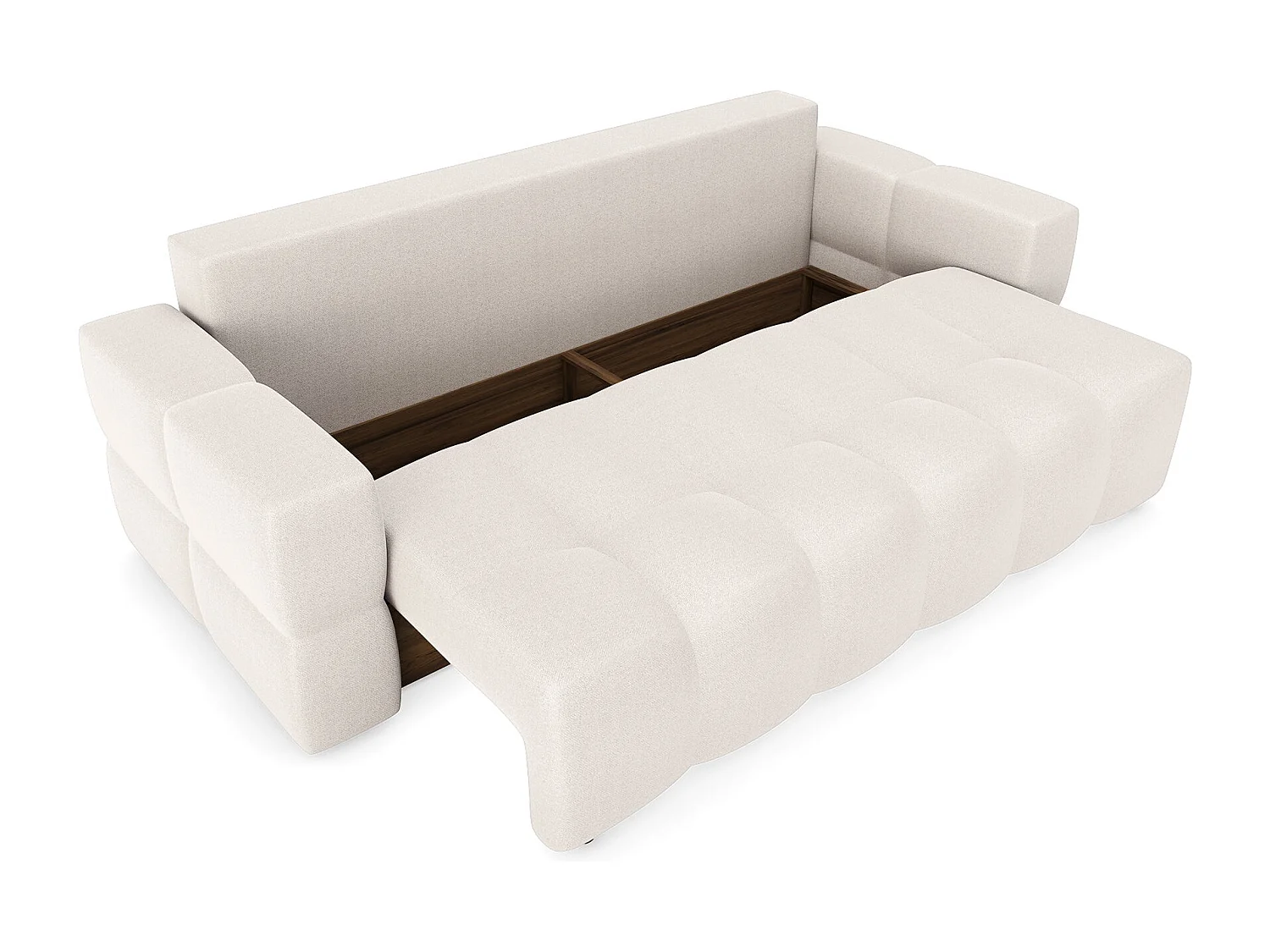 Canapé convertible coffre noyer 4 places GABRIEL en tissu tramé crème