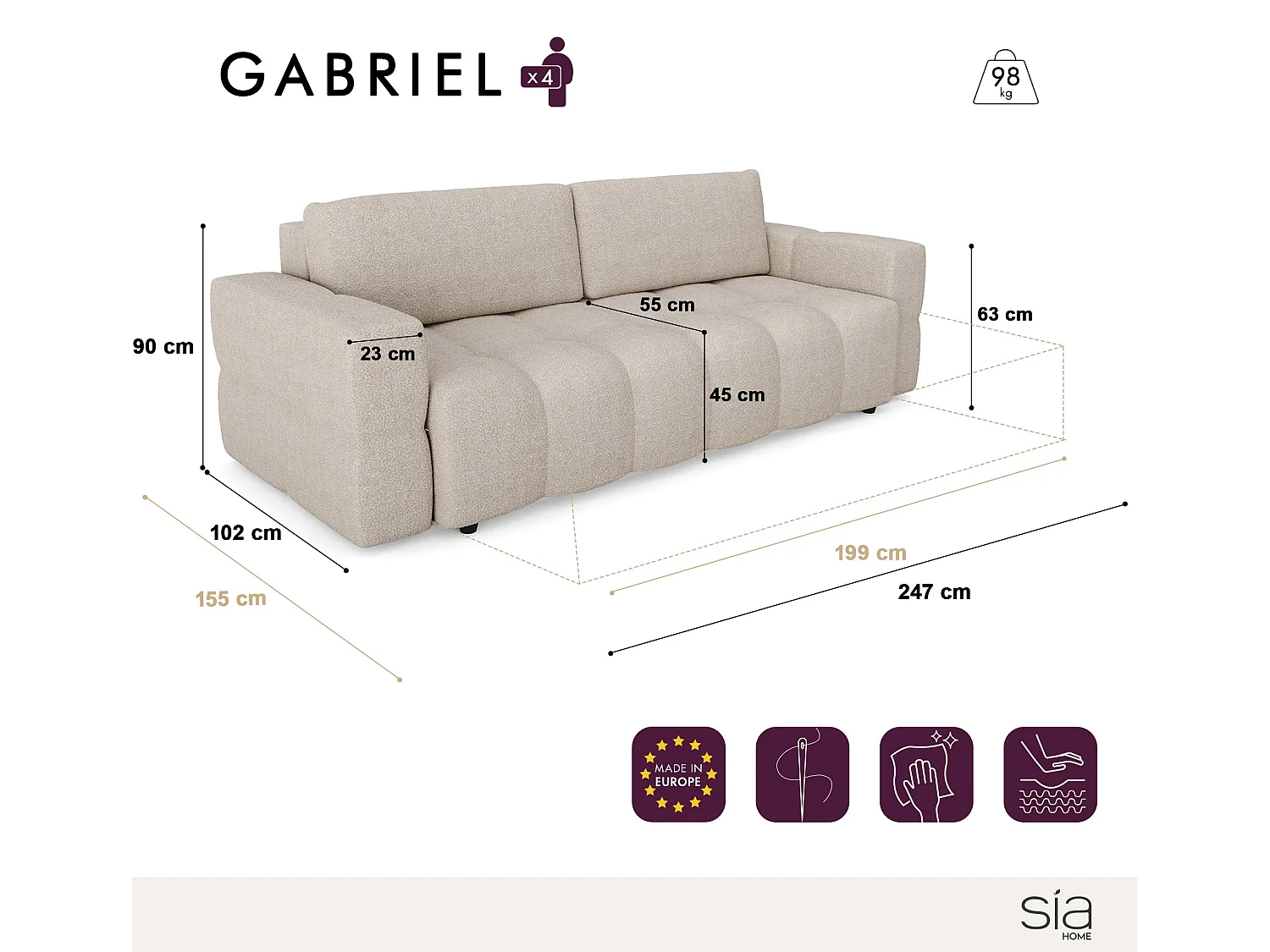 Canapé convertible coffre noyer 4 places GABRIEL en tissu tramé crème