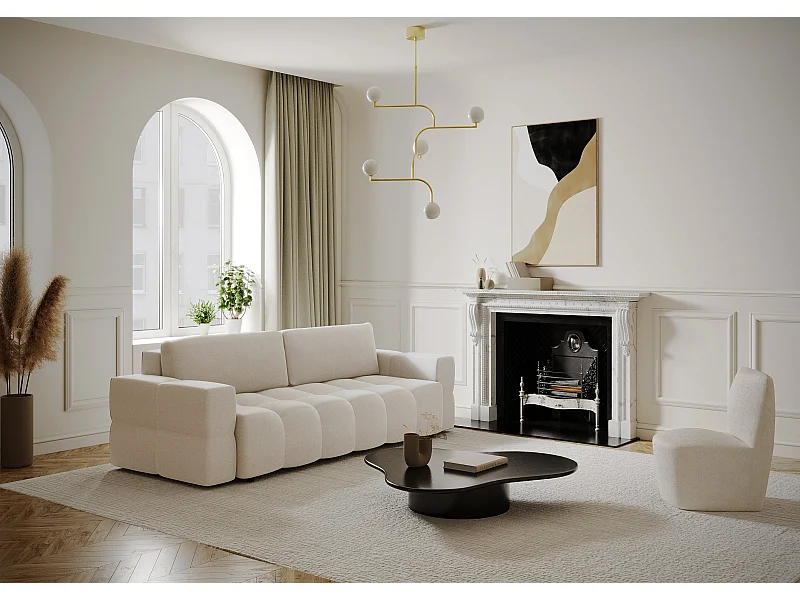 Canapé 4 places convertible coffre noyer tissu tramé crème GABRIEL