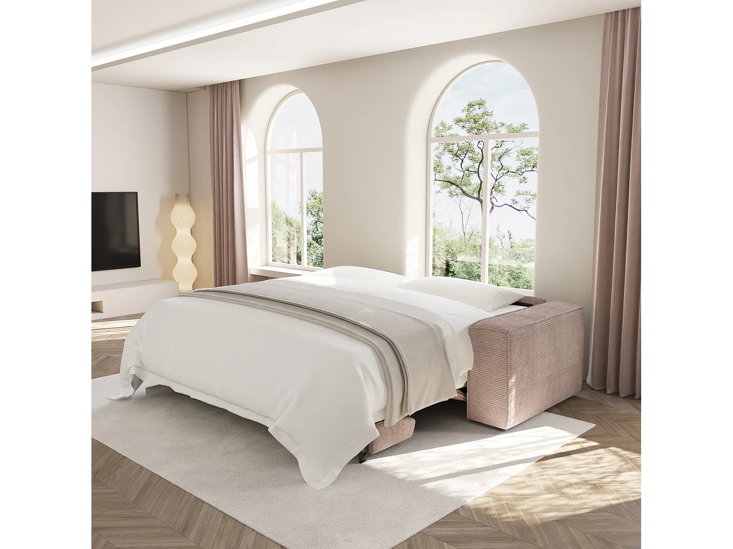 Canapé convertible express matelas Dunlopillo 140cm 3 places JOAN en velours côtelé taupe