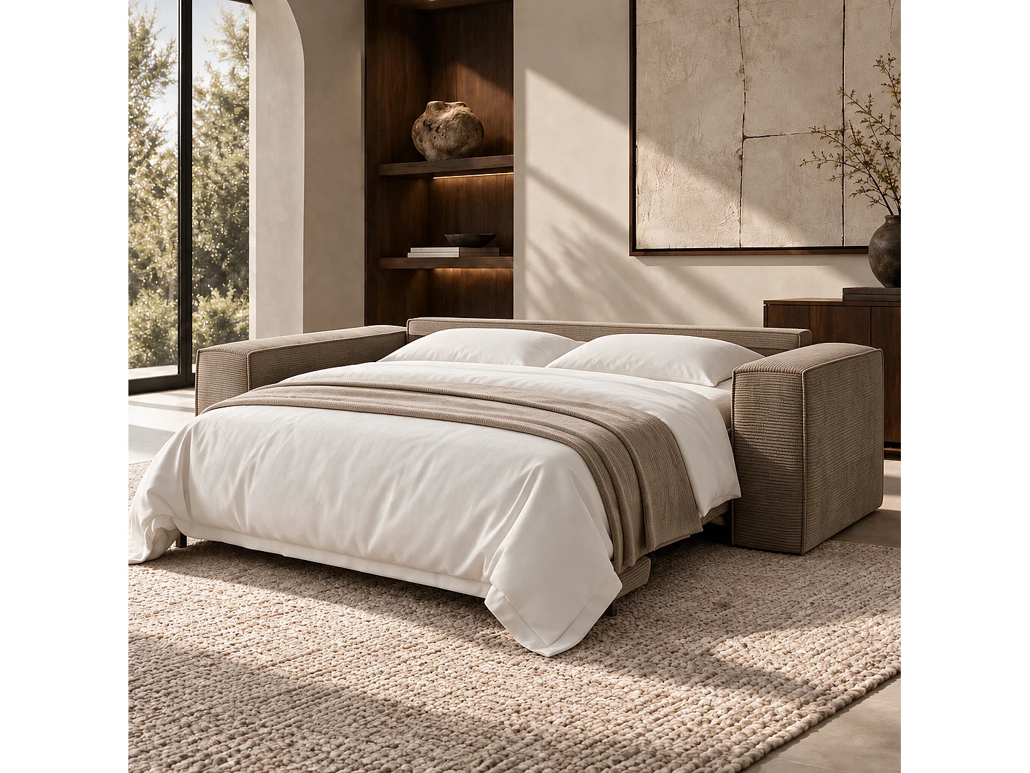 Canapé convertible express 3 places en velours côtelé taupe longueur 216cm JOAN