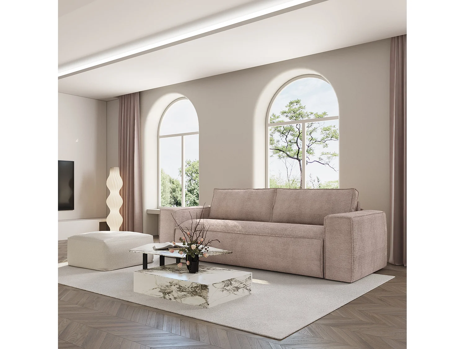 Canapé convertible express matelas Dunlopillo 160cm 3 places JOAN en velours côtelé taupe