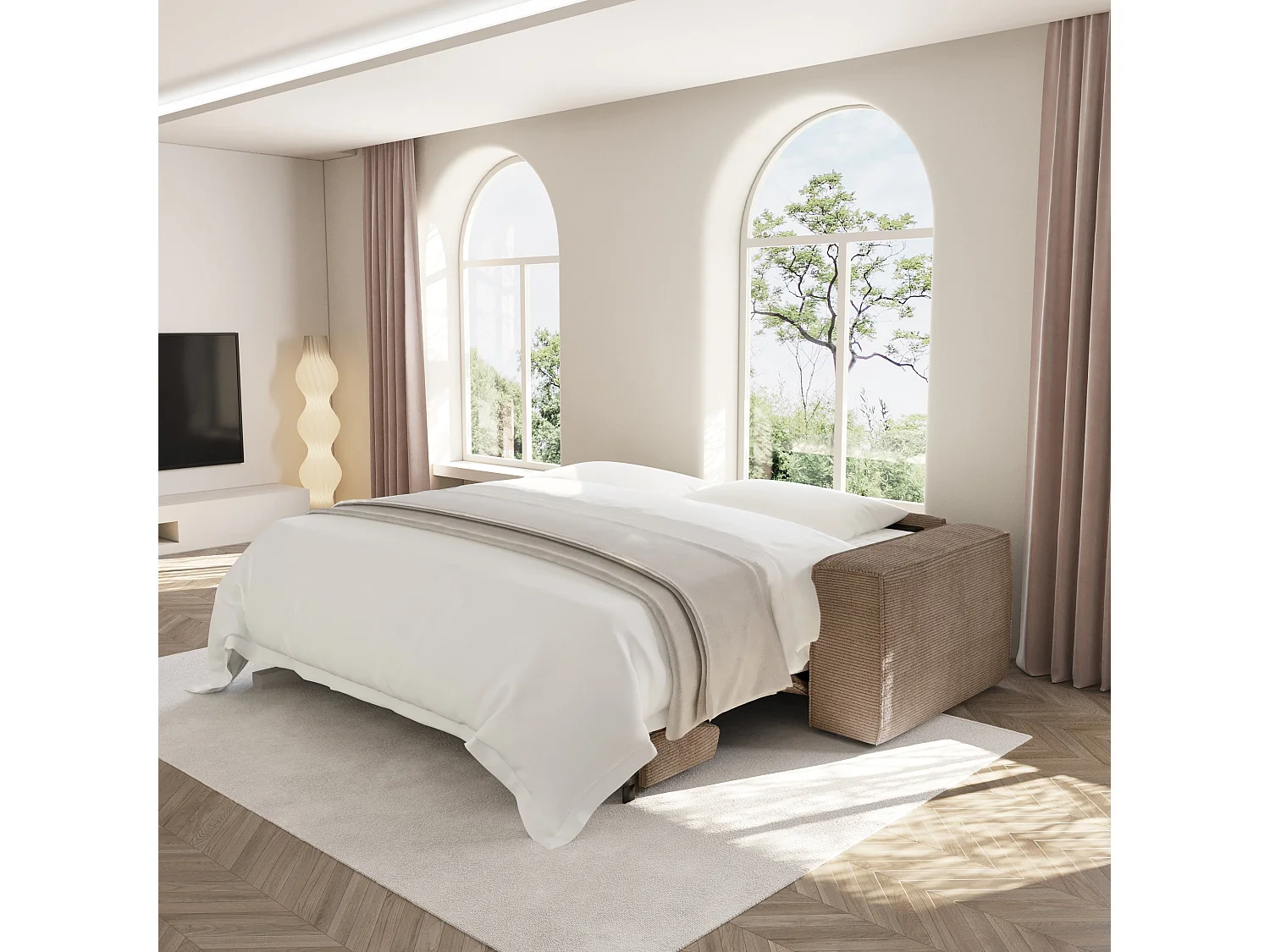 Canapé convertible express matelas Dunlopillo 160cm 3 places JOAN en velours côtelé taupe