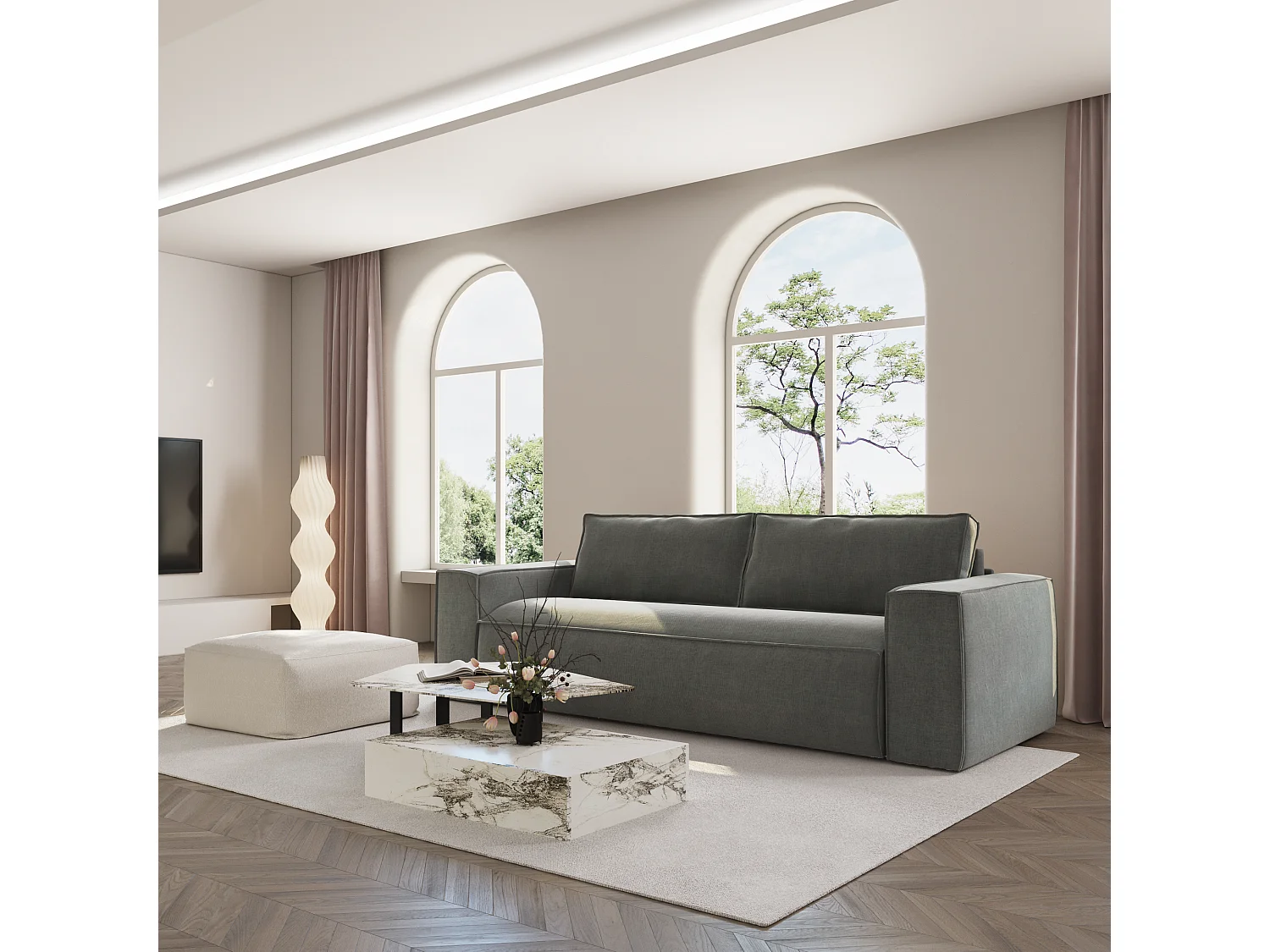 Canapé convertible express matelas Dunlopillo 160cm 3 places JOAN en velours gris graphite