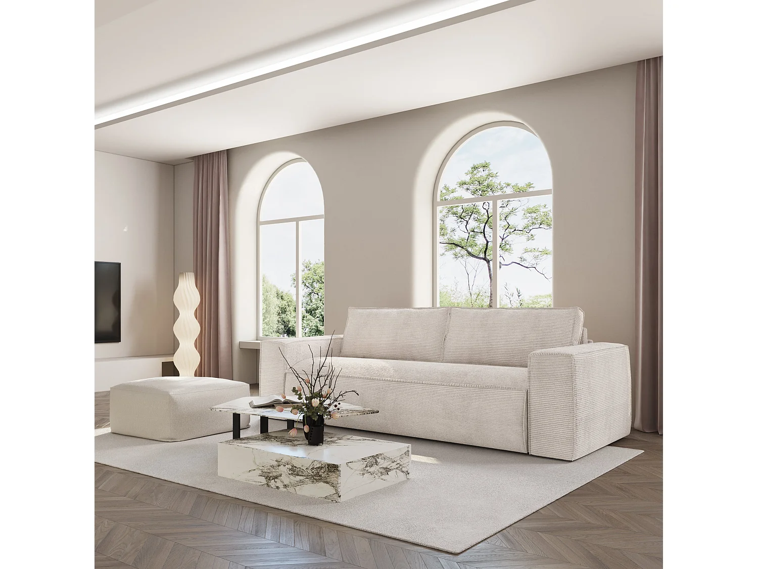 Canapé convertible express dunlopillo velours côtelé crème 160cm JOAN