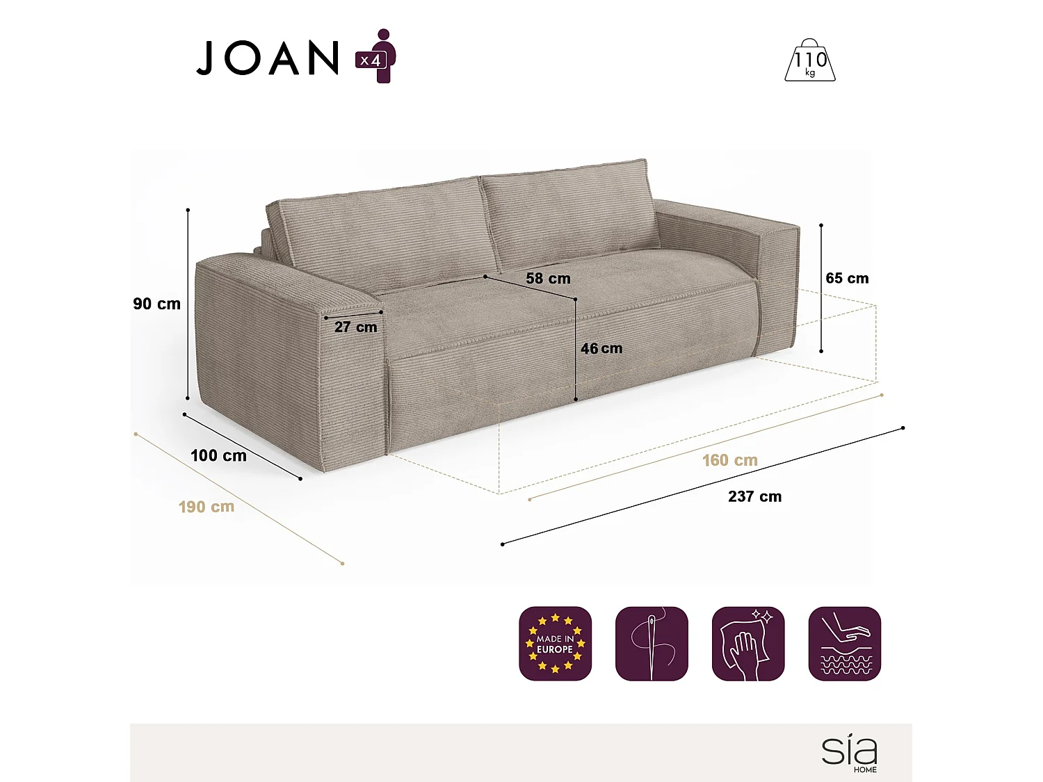 Canapé convertible express 3 places en velours côtelé crème longueur 237cm JOAN
