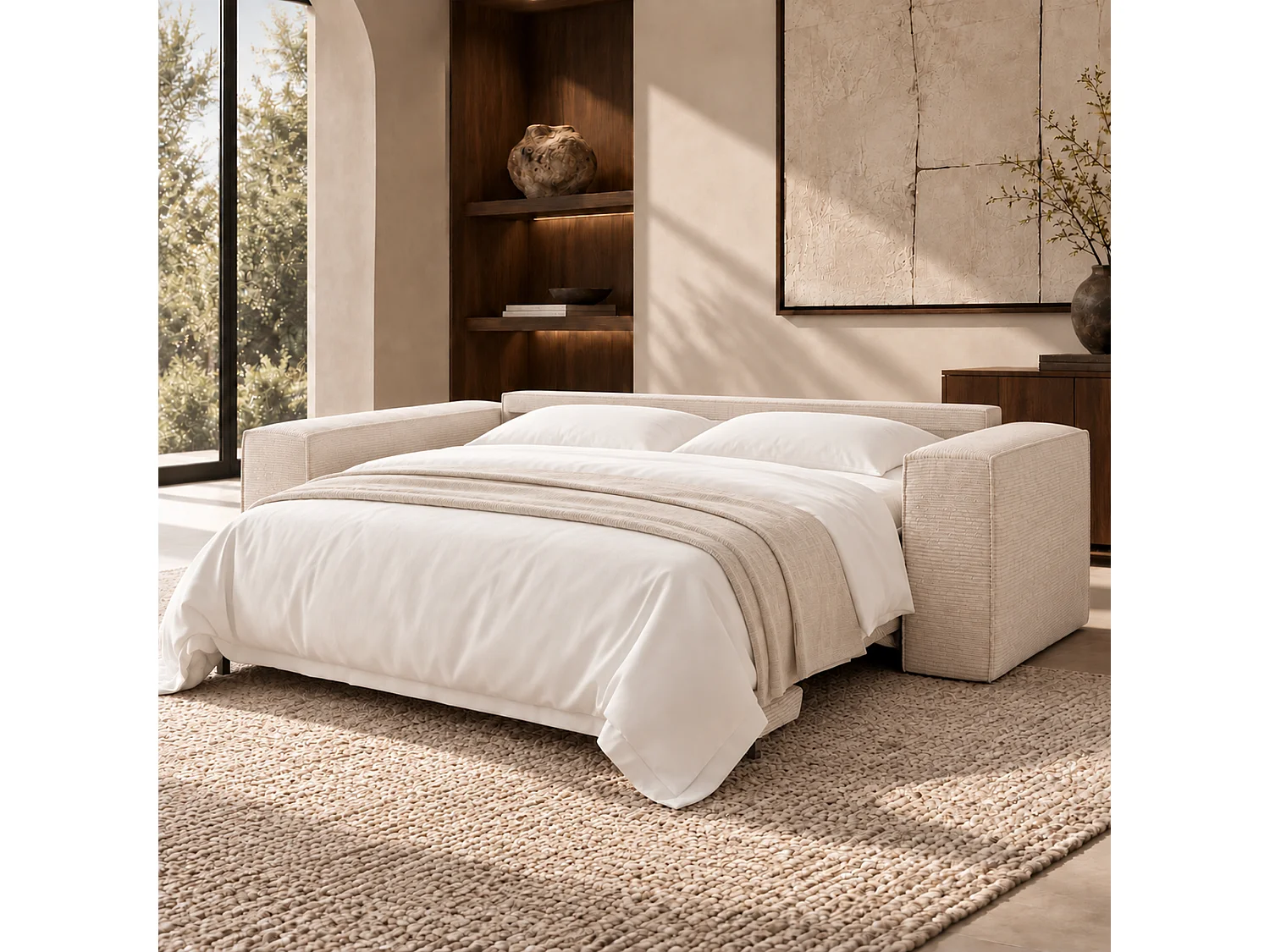 Canapé convertible express 3 places en velours côtelé crème longueur 237cm JOAN