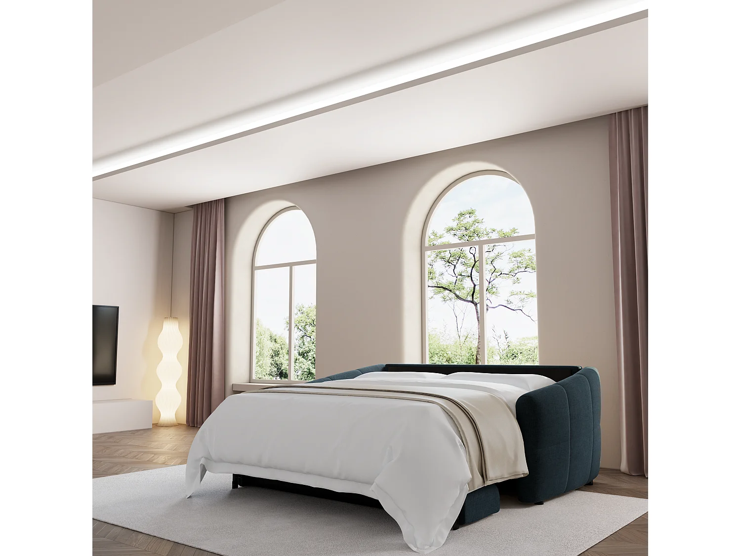 Canapé convertible express dunlopillo velours bleu paon 160cm NORA