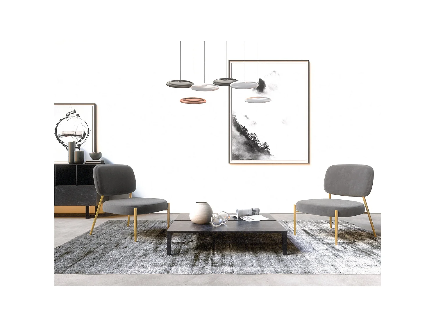 Fauteuil velours gris taupe pieds or chrome