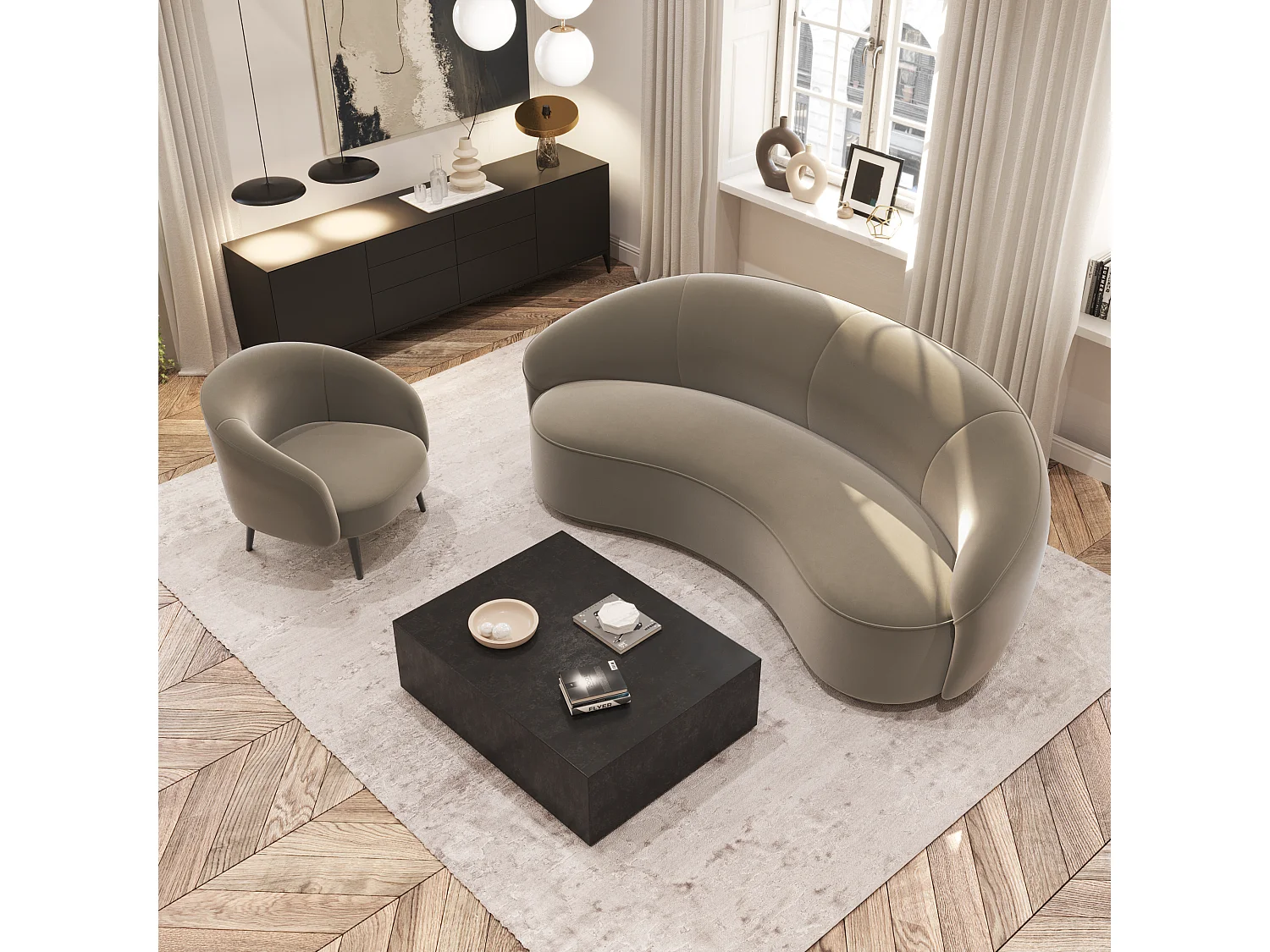 Fauteuil de salon tissu velours beige taupe Luna Marie