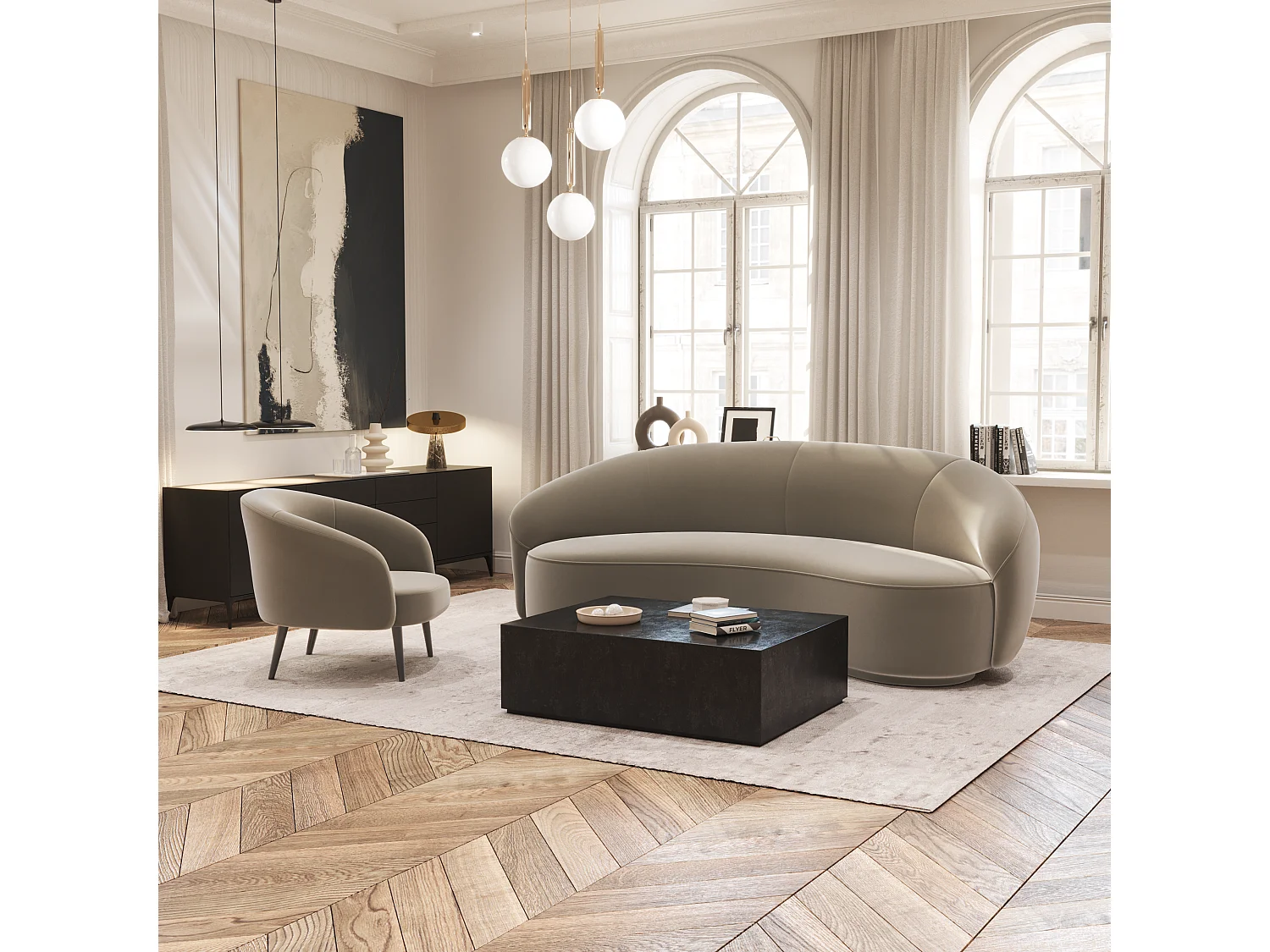 Fauteuil de salon tissu velours beige taupe Luna Marie