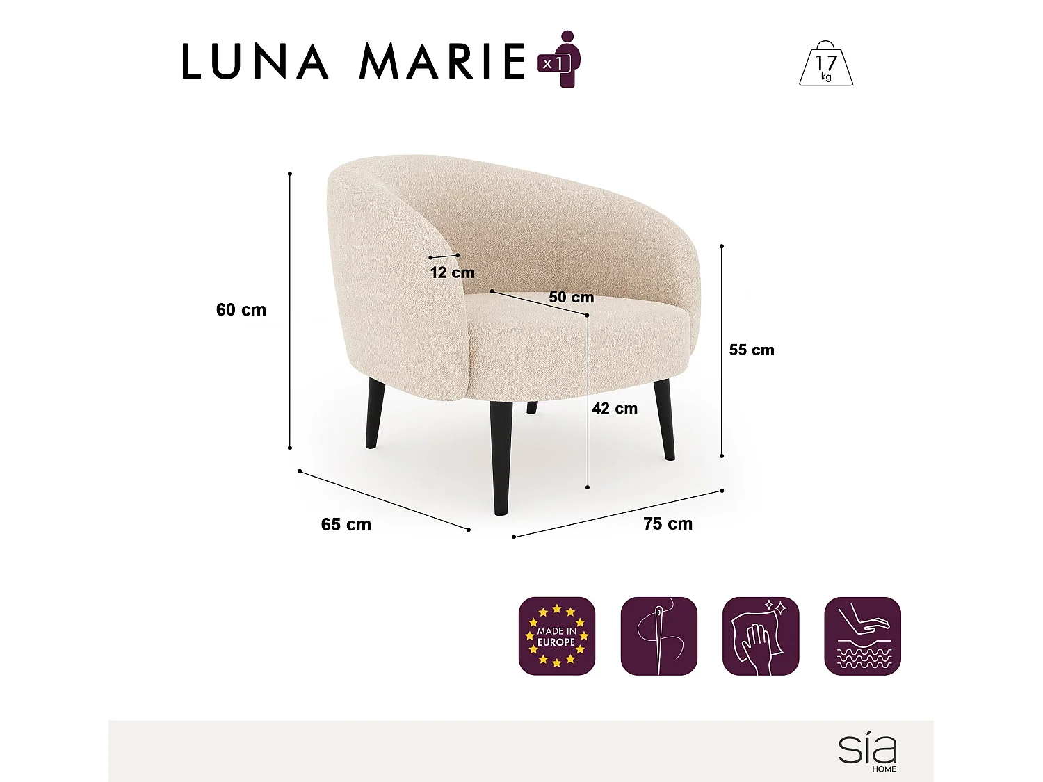 Fauteuil de salon tissu velours beige taupe Luna Marie