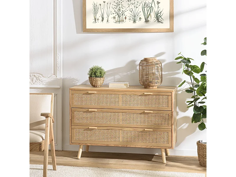 RODRIGO - Commode en bois couleur naturel 3 tiroirs cannage