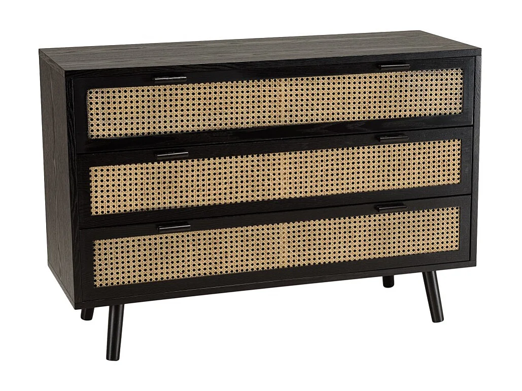 ANGELO - Commode bois noire 3 tiroirs cannage naturel