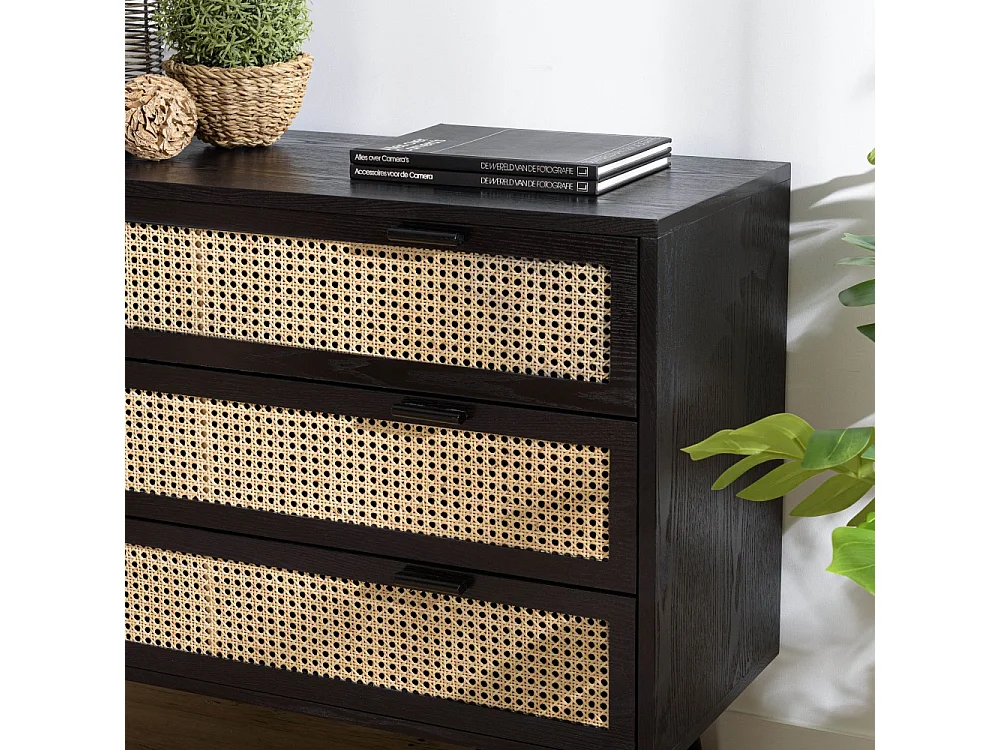 ANGELO - Commode bois noire 3 tiroirs cannage naturel