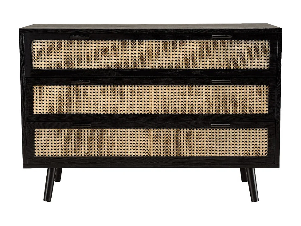 ANGELO - Commode bois noire 3 tiroirs cannage naturel