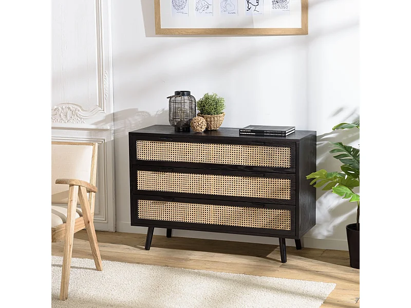 ANGELO - Commode bois noire 3 tiroirs cannage naturel