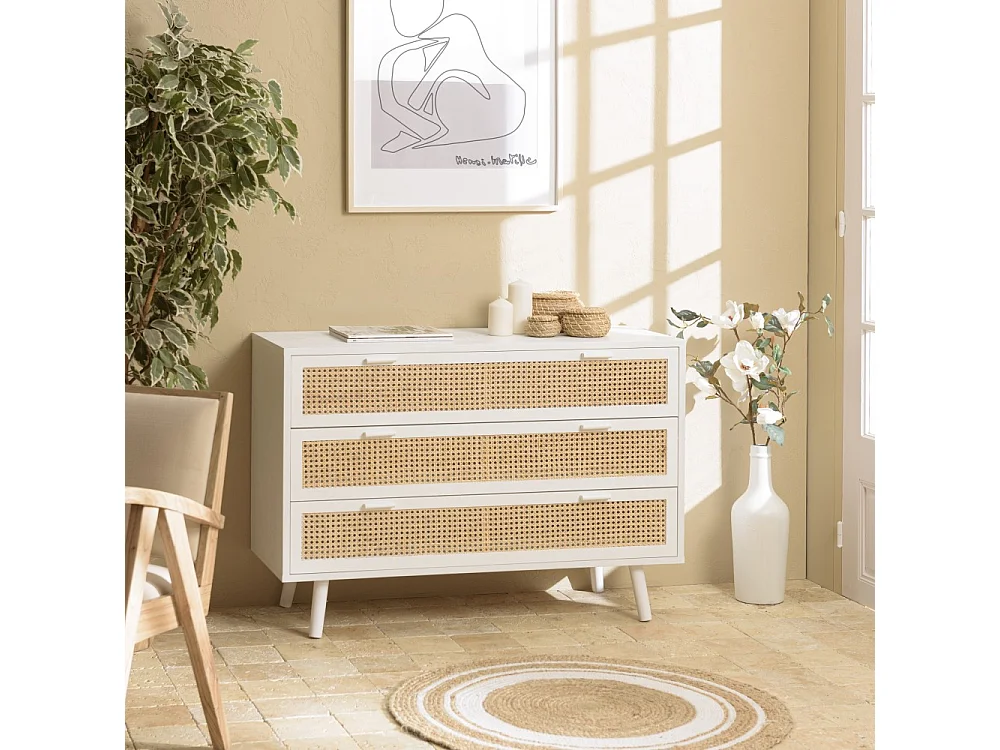 SANDRO - Commode blanche 3 tiroirs cannage naturel et bois blanc