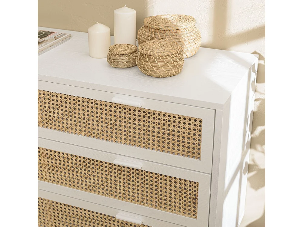 SANDRO - Commode blanche 3 tiroirs cannage naturel et bois blanc