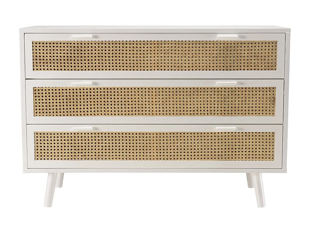 SANDRO - Commode blanche 3 tiroirs cannage naturel et bois blanc
