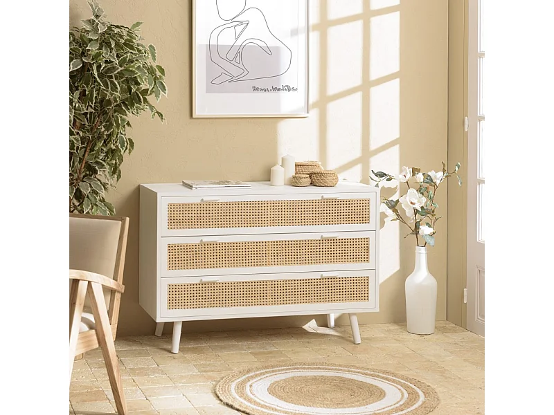 SANDRO - Commode blanche 3 tiroirs cannage naturel et bois blanc