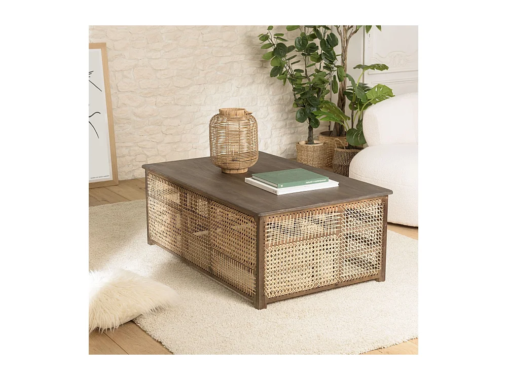 ISA - Table basse en bois de manguier foncé, patchwork cannage naturel