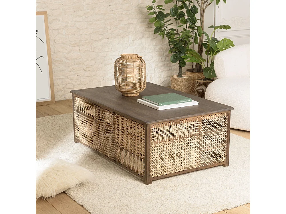 ISA - Table basse en bois de manguier foncé, patchwork cannage naturel
