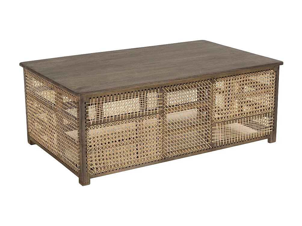 ISA - Table basse en bois de manguier foncé, patchwork cannage naturel