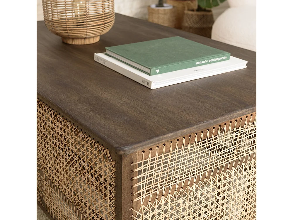 ISA - Table basse en bois de manguier foncé, patchwork cannage naturel