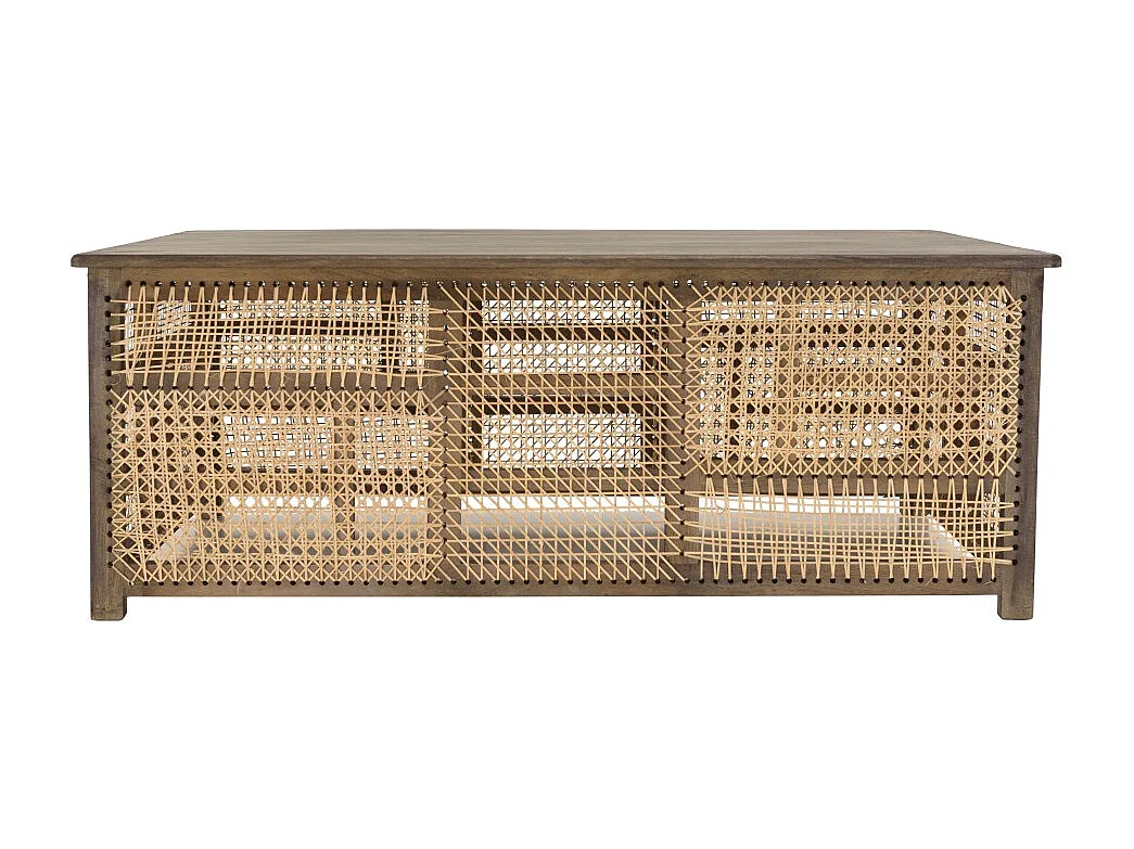 ISA - Table basse en bois de manguier foncé, patchwork cannage naturel