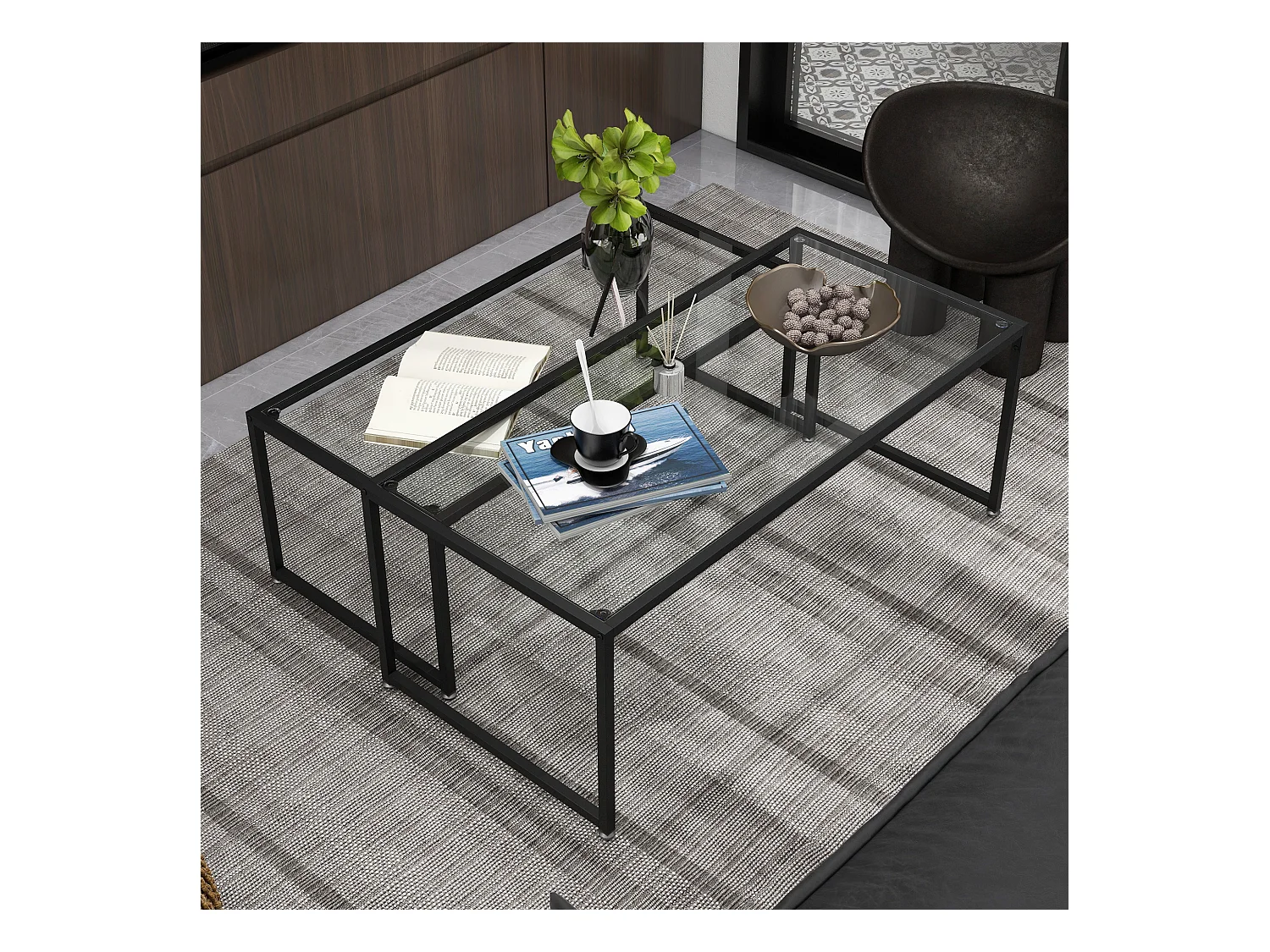 Tables gigognes lot de 2 tables basses rectangulaires design contemporain acier noir verre trempé 4 mm