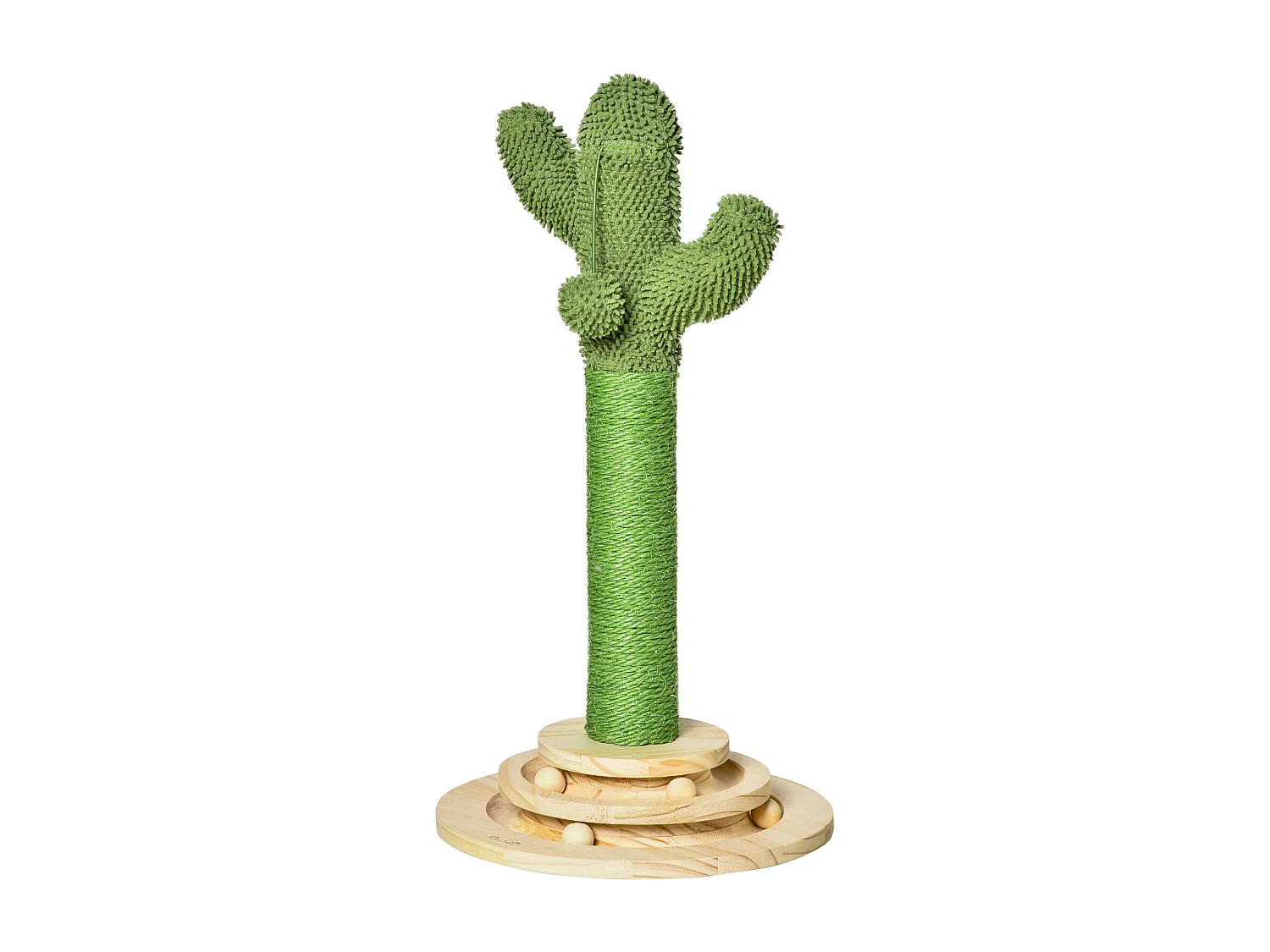 Griffoir chat design cactus - jouet pompon suspendu, jouet boules - bois de pin sisal vert