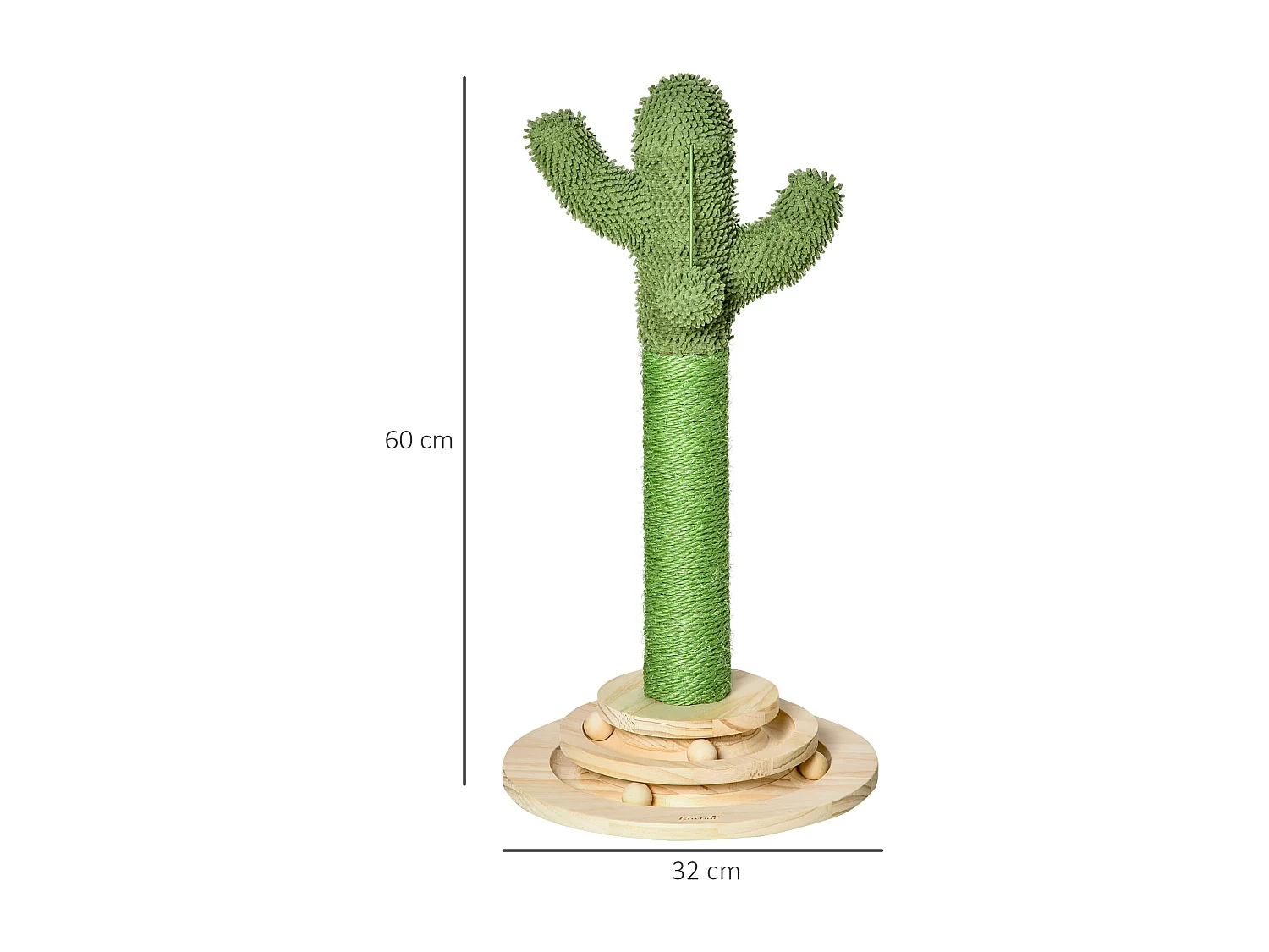 Griffoir chat design cactus - jouet pompon suspendu, jouet boules - bois de pin sisal vert