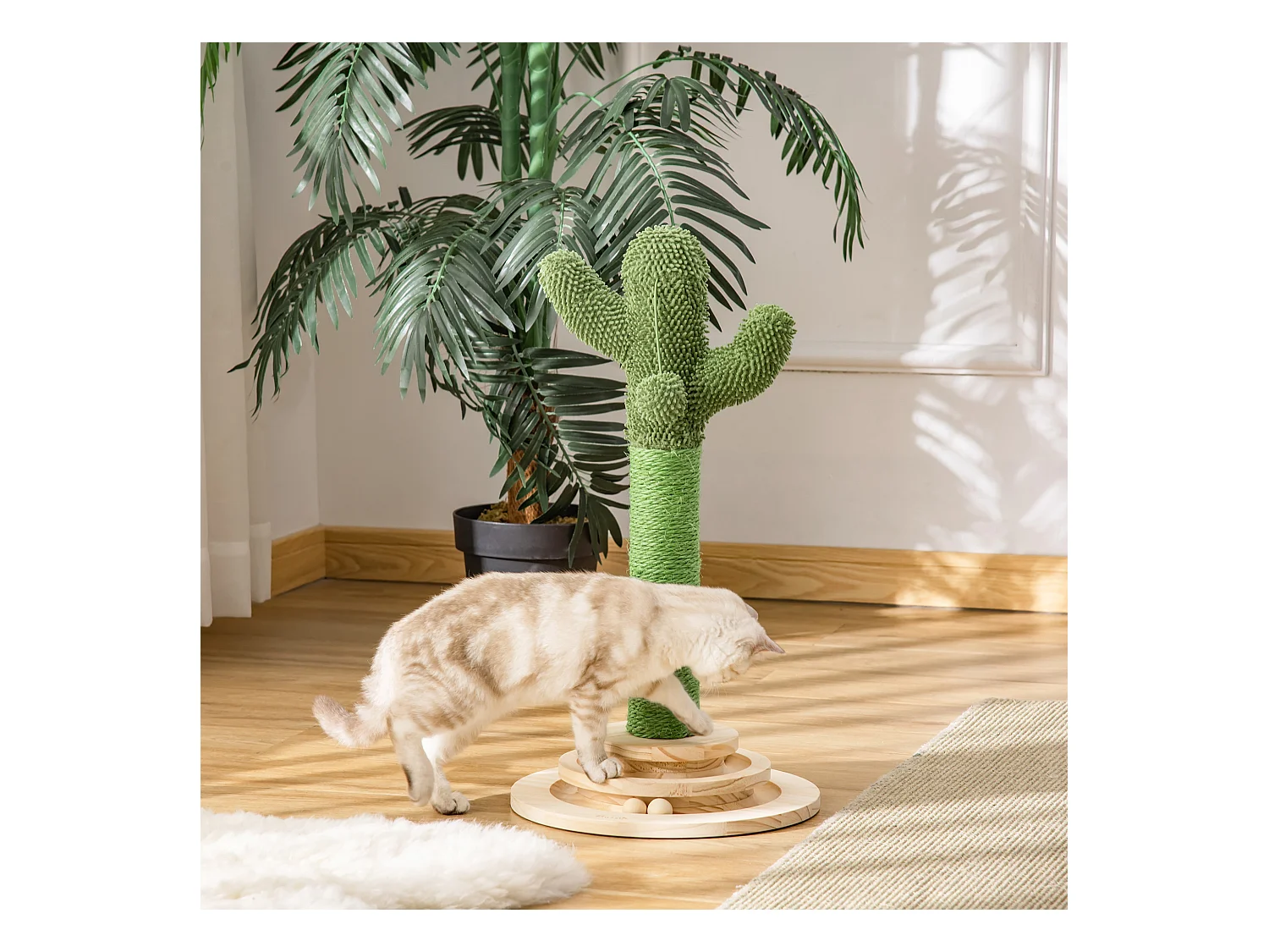 Griffoir chat design cactus - jouet pompon suspendu, jouet boules - bois de pin sisal vert