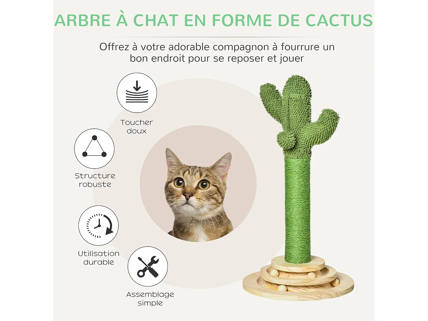 Griffoir chat design cactus - jouet pompon suspendu, jouet boules - bois de pin sisal vert