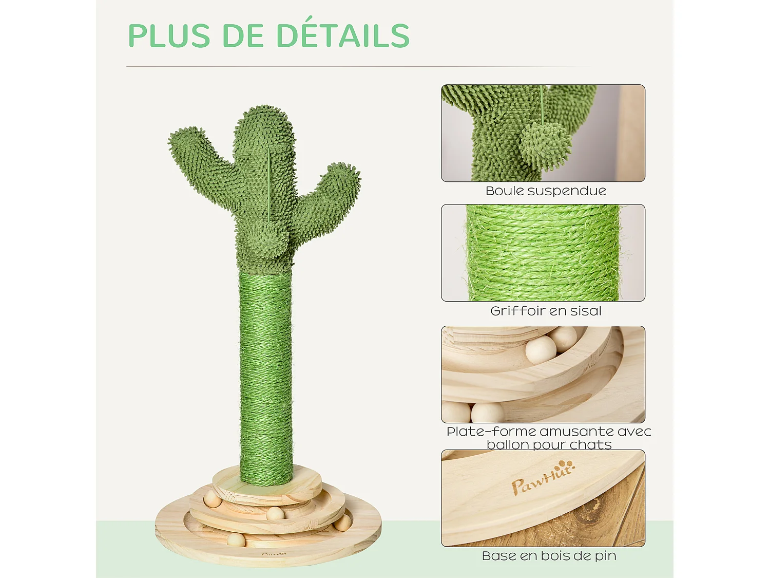 Griffoir chat design cactus - jouet pompon suspendu, jouet boules - bois de pin sisal vert