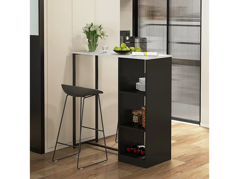 Table de bar design contemporain - table haute 3 niches avec range-bouteilles - acier panneaux noir aspect marbre blanc