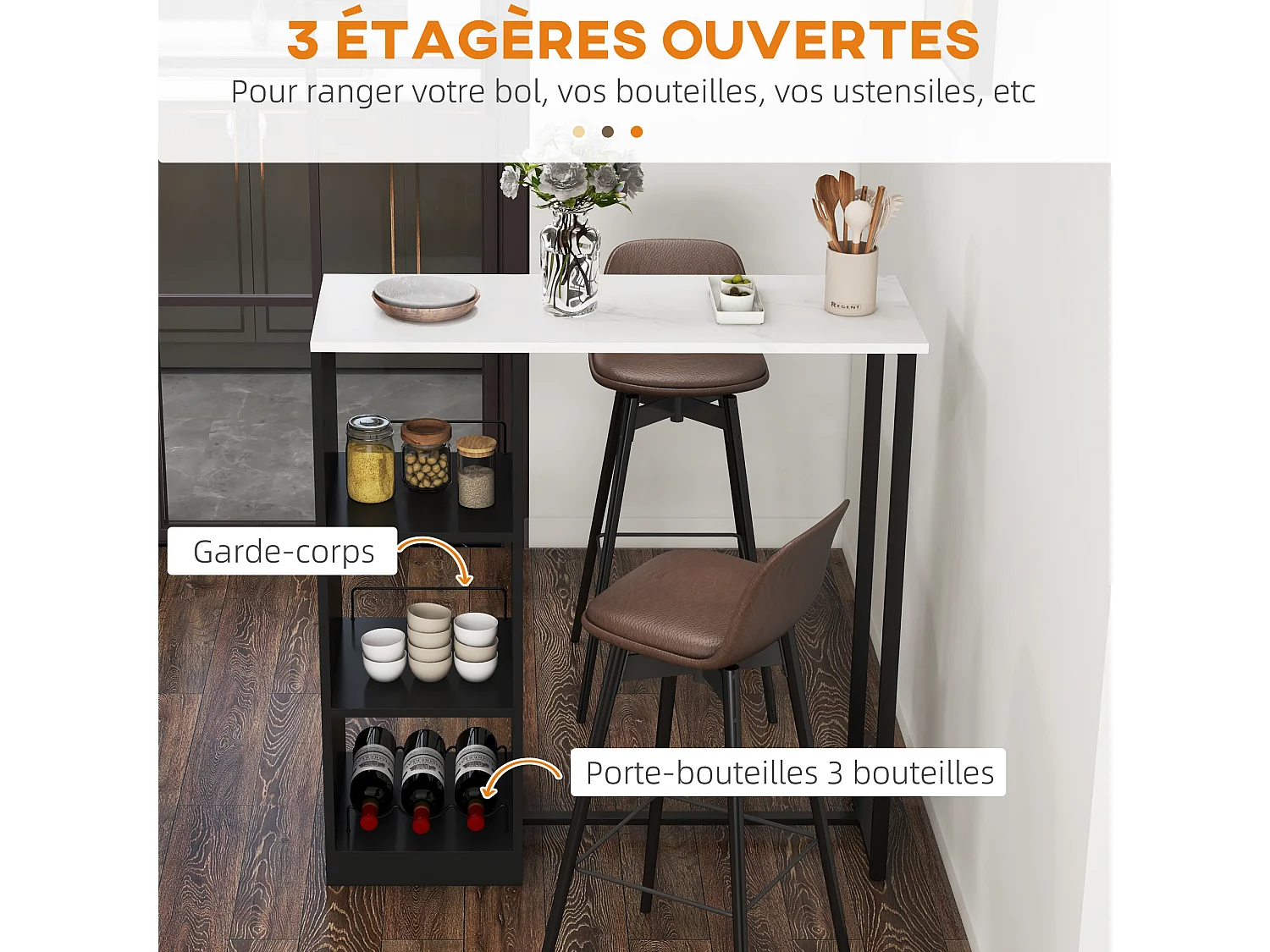 Table de bar design contemporain - table haute 3 niches avec range-bouteilles - acier panneaux noir aspect marbre blanc