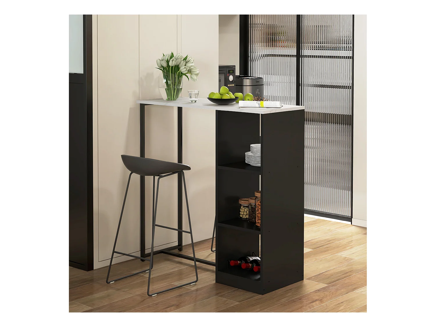 Table de bar design contemporain - table haute 3 niches avec range-bouteilles - acier panneaux noir aspect marbre blanc