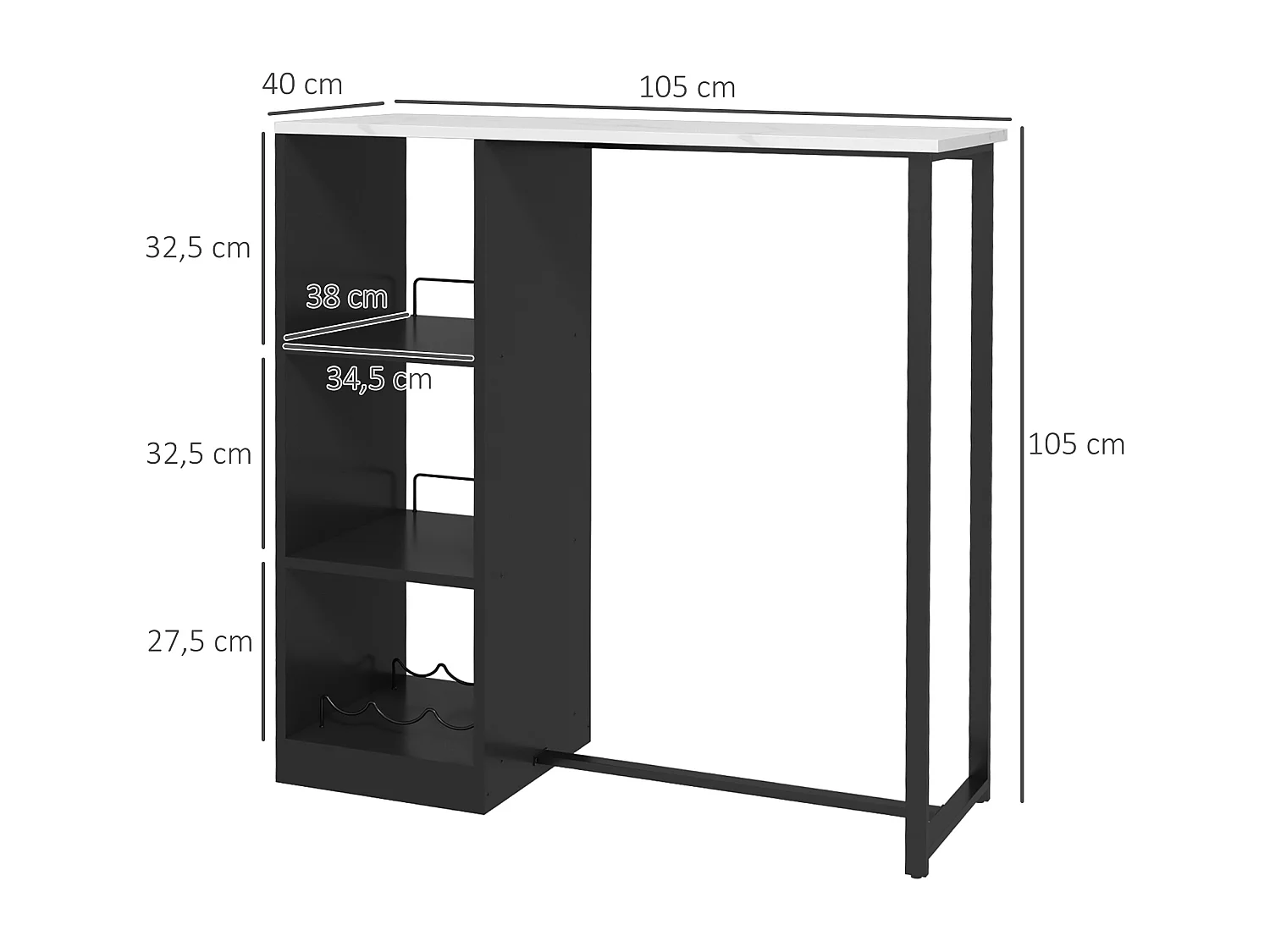 Table de bar design contemporain - table haute 3 niches avec range-bouteilles - acier panneaux noir aspect marbre blanc