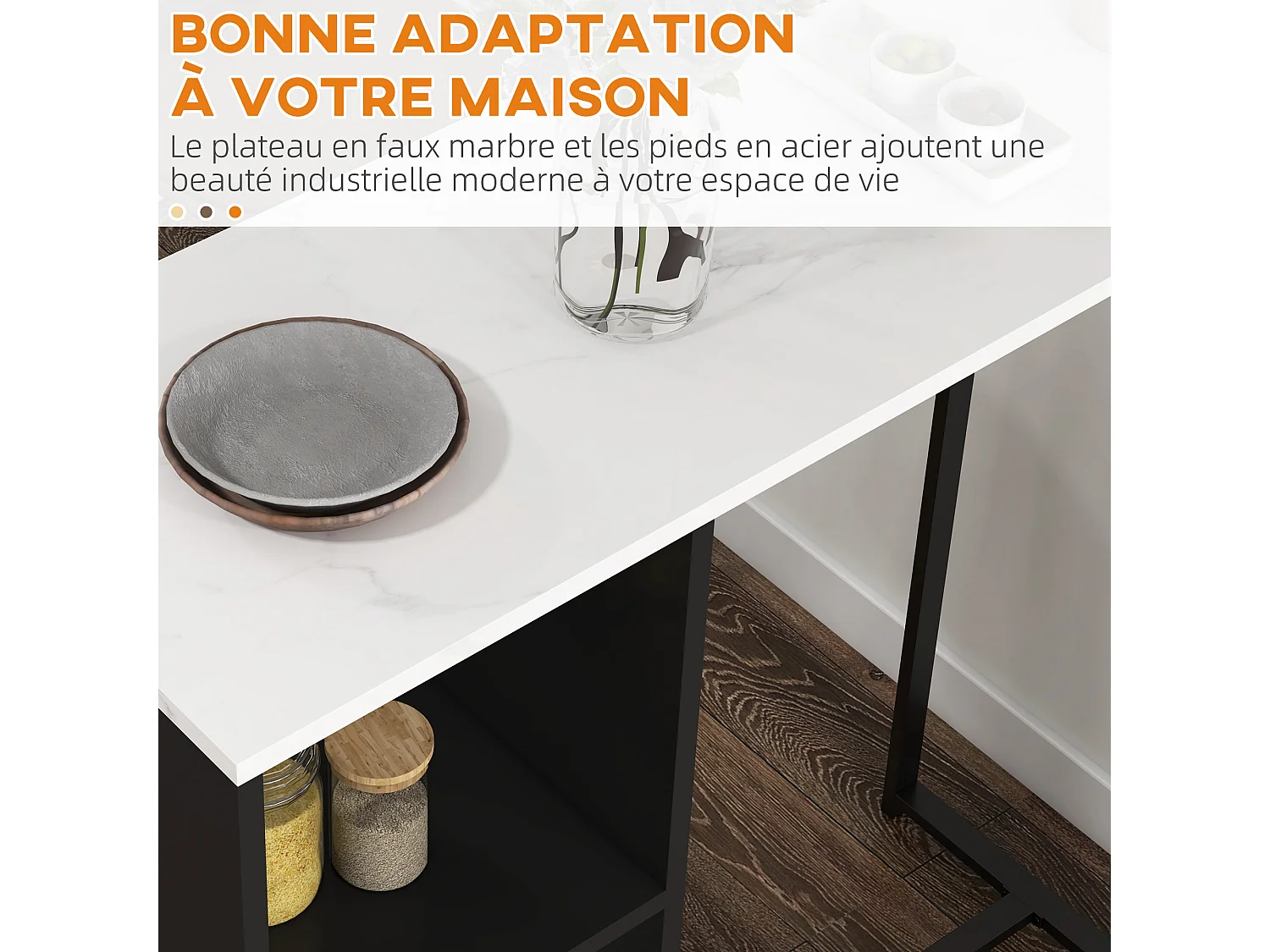 Table de bar design contemporain - table haute 3 niches avec range-bouteilles - acier panneaux noir aspect marbre blanc