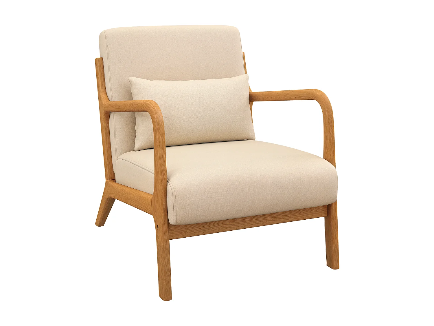 Fauteuil lounge - 3 coussins inclus - assise profonde - accoudoirs - structure bois hévéa - aspect velours beige