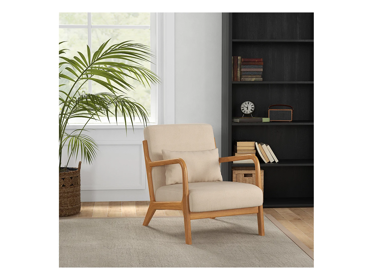 Fauteuil lounge - 3 coussins inclus - assise profonde - accoudoirs - structure bois hévéa - aspect velours beige